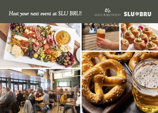 A vibrant collage of food and drink, highlighting event hosting at SLU BRU by Gourmondo for any occasion