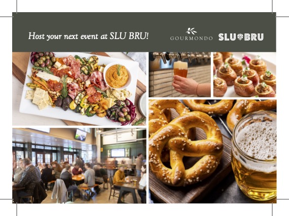A vibrant collage showcasing various food and drink options, promoting event hosting at SLU BRU by Gourmondo.