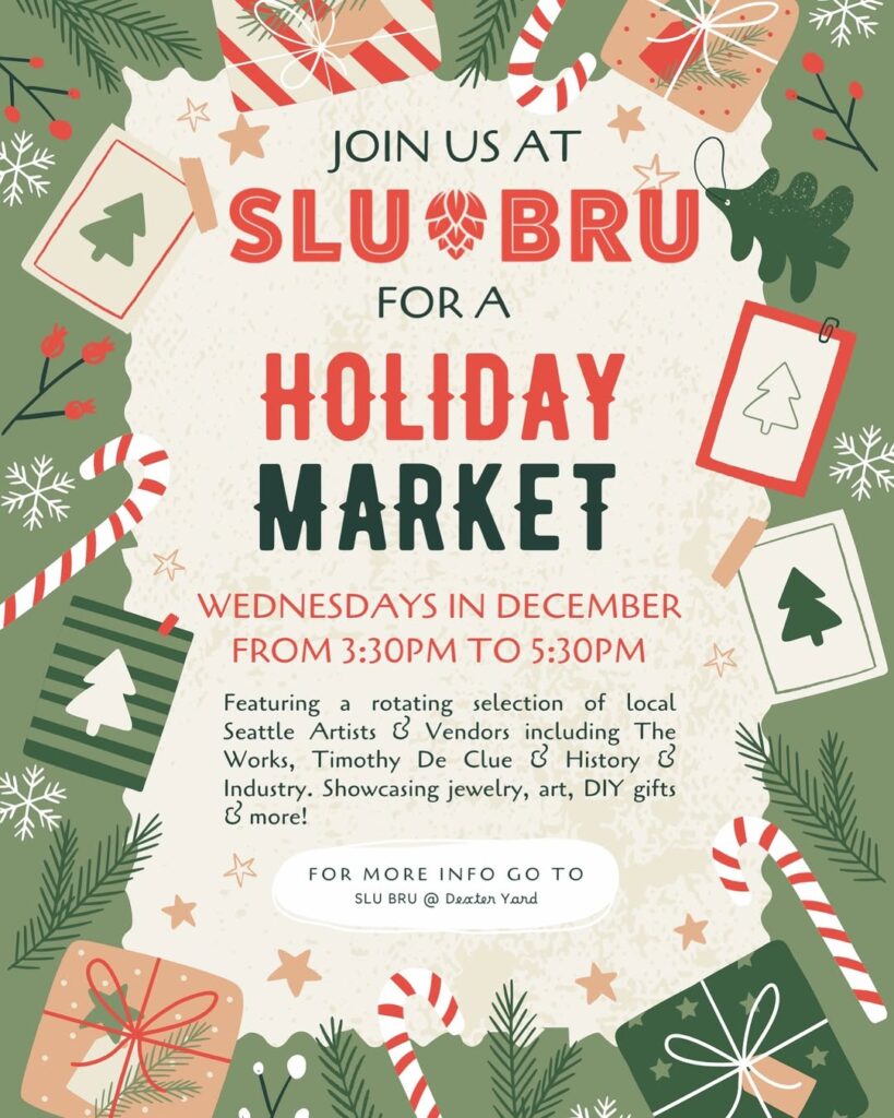 Flyer for SLU BRU Holiday Market featuring vendors, gingerbread cookies, and spiced cider on Wednesdays from 3:30-5:30pm.